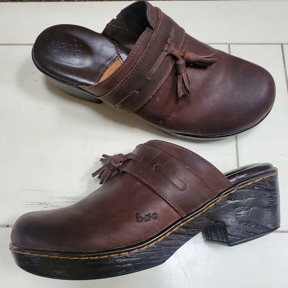 boc Shoes - Broc Born Brown Leather Tassel Comfort Slip‎ On Block Heel Mules, Size 8